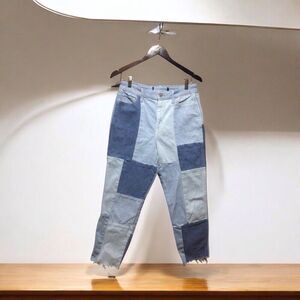 Hollister Ultra High Rise Mom Patchwork Stretch Jeans Women W29xL27 Blue Raw Hem